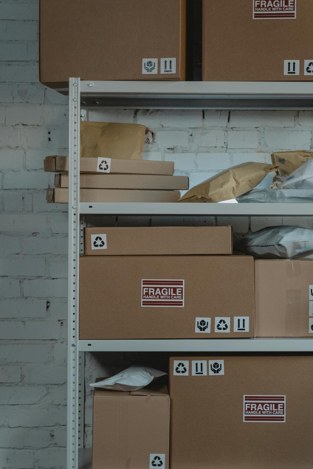 Cardboard packaging boxes and protective materials on warehouse shelves