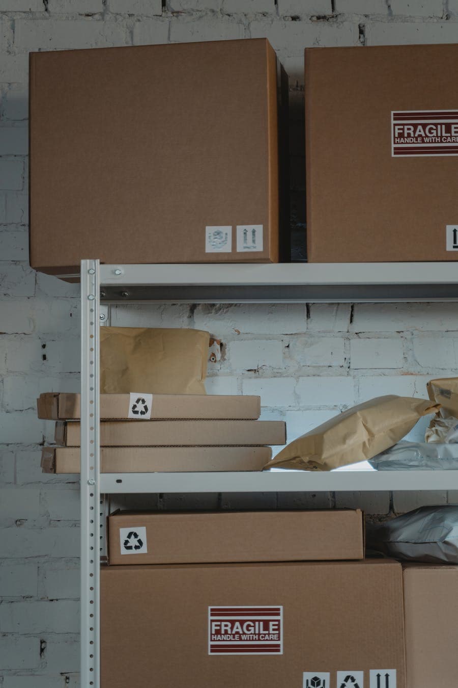 Corrugated cardboard boxes stored on industrial shelves