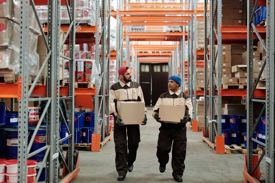 Warehouse workers handling packed boxes